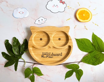 Personalized Baby Owl Bamboo Dinner Set: Stay Put Plate & Spoon
