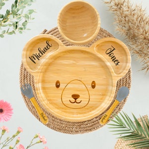 Ensemble de sevrage en bambou personnalisé, assiette pour bébé personnalisée pour bébés en bas âge, ensemble d'alimentation pour bébé avec nom, cadeau de baby shower, premier cadeau de Noël image 3