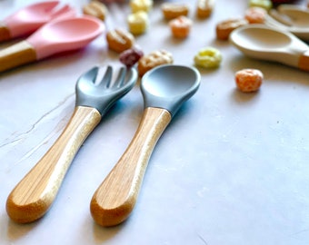 Personalized Baby Fork and Spoon Set: Bamboo Weaning Cutlery