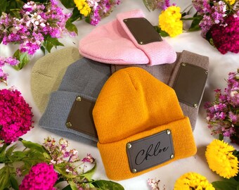 Personalized Baby Beanie: Knitted Winter Hat with Vegan Leather Patch