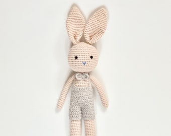 Crochet Bunny Doll in Gray Overalls, Baby Boy Doll, Handmade Bunny Doll, Amigurumi Bunny, Baby's First Doll, Cotton Soft Doll