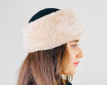 Women's Shearling Sheepskin Winter Fur Beanie Hat, Handmade Suede