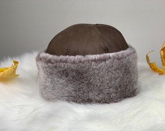 Women's Shearling Sheepskin Winter Fur Beanie Hat, Handmade Suede