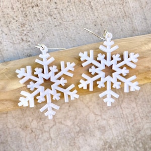 White Winter Snowflake Christmas Holiday Earrings