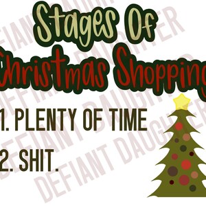 May include: A humorous illustration depicting the stages of Christmas shopping with the text "Stages of Christmas Shopping" and numbered steps: 1. Plenty of Time and 2. Shit. A green Christmas tree with red and gold ornaments is in the background.