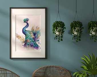 Wall art Peacock Watercolor ,peacock decor svg,  PRINTABLE Wall ART Peacock Print Peacock Poster Wildlife Gift Animals Wall Peacock colorful