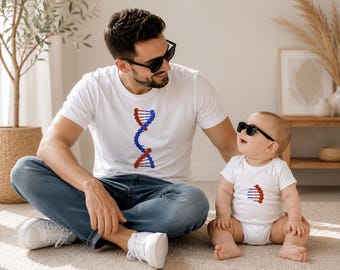 Conjunto de camisetas combinando com tema de hélice de DNA: Camiseta para o primeiro Dia dos Pais com tema de ciência para toda a família