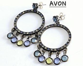 Vintage 1990s Avon Chandelier Earrings Antique Goldtone Multi Colour Rhinestone Dangles Signed NR Late 80s Boho Costume Jewelry