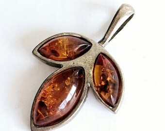 Vintage Sterling Silver Baltic Amber Pendant, Marquis Leaf Botanical Cognac Amber (Marked 925)