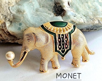 RARE FIND  MONET Gold Plated Elephant Trunk Up Brooch:  Faux Pearl, Colourful Blanket, Enamel Circus Pin, Signed, Circa 1980
