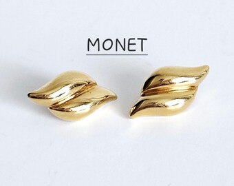 Vintage Monet Gold Tone Flame Earrings, 1980s Designer Jewelry