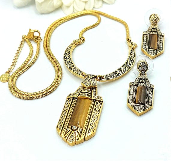 Vintage Butler Fifth Avenue Tiger's Eye Gemstone Necklace Post Earrings Out of Africa Collection, Goldtone Gemstone Jewelry Set, Collectible