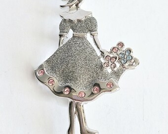 Vintage CIRO Girl Brooch Necklace, Silver Dress, Rhinestone Flowers, Signed 50s Clasp