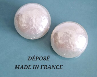 1940s White Glass Cabochon Faux Pearl Clip-on Earrings, Sterling Silver, Made in France