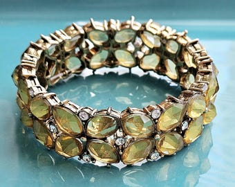 Pre-1955 Signed Monet Gold Plated Stretch Cuff, Honey Citrine Floral Cluster Bracelet