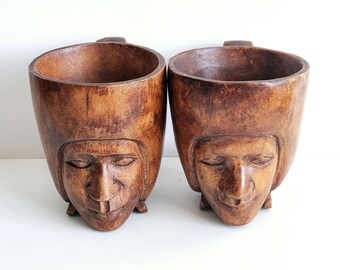 Vintage Hand Carved Suar Wood Tiki Mugs: 1970s Tribal Decor, Set of 2