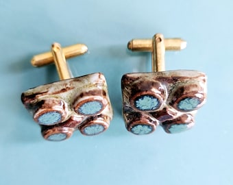 1960s Vintage Ceramic Cuff Links, Teal Blue, Raised Design.