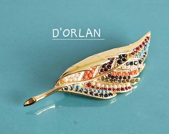 Vintage D'Orlan Leaf Brooch: 22K Gold-Plated Austrian Crystals