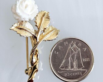 1970s Vintage Gold Plated Rose Brooch: Carved White Flower Pin