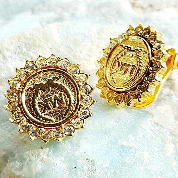 Michael Kors Gold Tone Coin Earrings, Pavé Rhines… - image 8