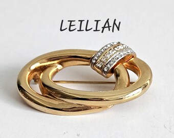 Vintage Leilian Rhinestone Brooch: Gold Plated Double Oval Designer Pin.