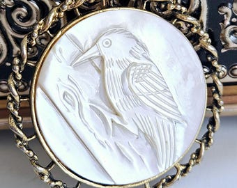 Vintage Hand Carved MOP Woodpecker Brooch Pendant: Gold Vermeil, Albion Pin, Irridescent Mother of Pearl