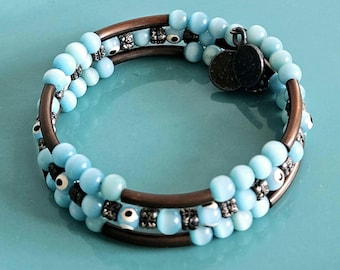 Vintage Evil Eye Wrap, Blue Glass Multi Strand Beaded Protection Wrap Bracelet, Bronze Memory Wire Wrap, Boho Bronze Coil Stacking Bangle