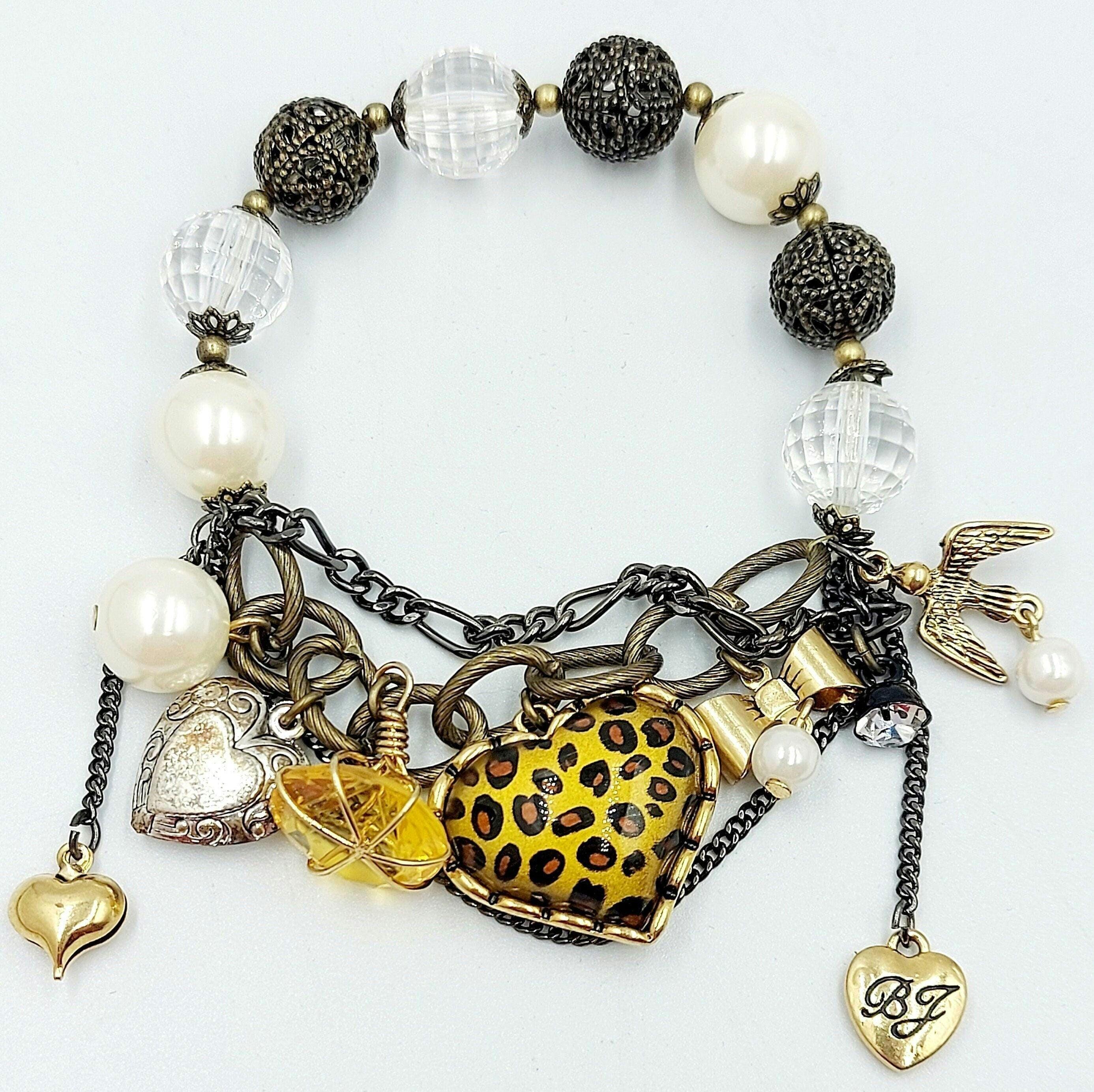 Collier Et Bracelet Convertible Betsey Johnson - Cœur Léopard, Fausses Perles, Couleur Or