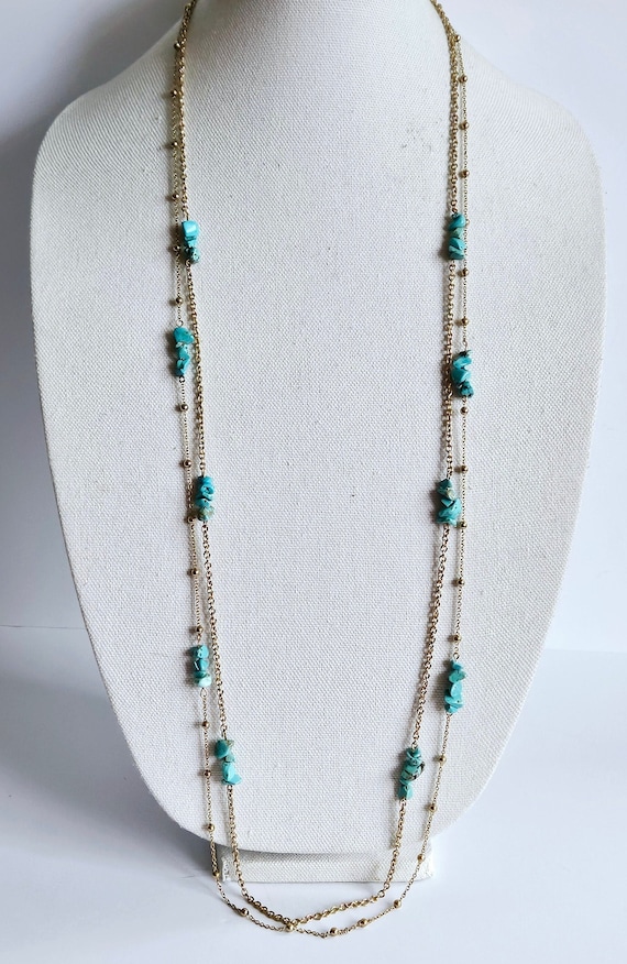 1990's Long Gold Tone Chain With Faux Turquoise Ch