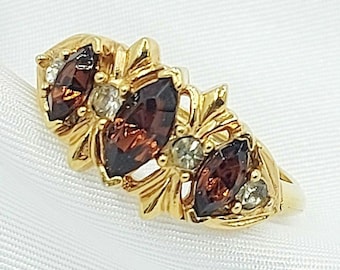 Vintage Avon Smoky Topaz Rhinestone Ring - Gold Tone Adjustable Band