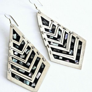 1980&#39;s Chevron Earrings, Abalone Inlay, Articulated, Dangle & Drop Post Shell Earrings, Vintage, Marked ALPACA MEXICO. Alpaca Silver Jewelry