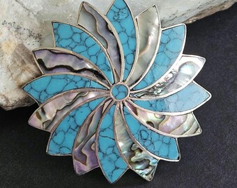 Vintage Mexico Sterling Silver Brooch Pendant: Abalone & Turquoise Flower