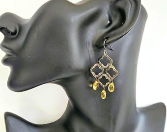Stella & Dot Gold Plated Clover Earrings, Faux Citrine Dangle, Vintage Designer Jewelry