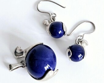 Kalevala Koru Sterling Silver Bird Necklace Earring Set, Cobalt Blue Ceramic, Kimmo Virkkunen