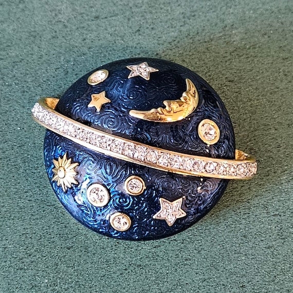 Swarovski Guilloche Enamel Celestial Brooch, Vint… - image 1