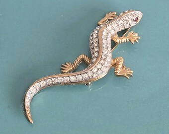 D'Orlan 22K Gold Plated Gecko Brooch, Swarovski Crystals, Red Eyes, Signed Vintage