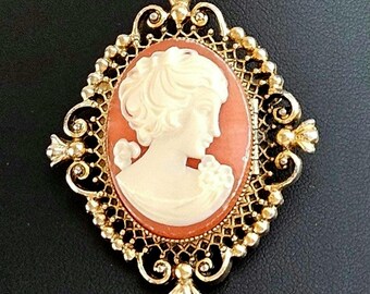 May include: An oval-shaped brooch featuring a cream-colored carved cameo of a person in profile set against a terracotta-colored background. The cameo is encased in an ornate, gold-toned metal frame with intricate filigree and bead detailing.