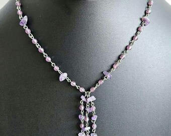 Vintage Amethyst Chip Necklace: Silver Tone Tassel, February Gemstone
