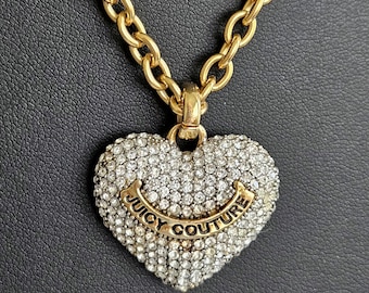 Vintage Gold Plated Juicy Couture Crystal Pavé Heart Pendant Necklace, Puffy Heart, Circa 1990