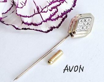 Vintage Avon Crystal Rhinestone Stick Pin: Gold Tone Diamond Shaped Lapel Pin, Circa 1984