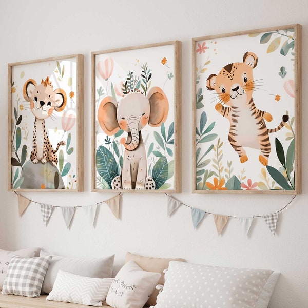 Jungle Animals, set of 3 Prints | Cheetah, Elephant, Tiger Illustration | Safari Animal | Boho Nursery Wall Art | Kids Room Print