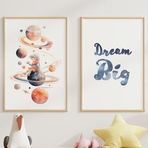 Dream Big set of 2 watercolor prints #3 | Child in space | Planets | Nursery Wall Art | Kids Room Print
