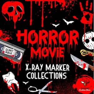 Puede incluir: Un diseño gráfico negro con el texto rojo HORROR MOVIE X-RAY MARKER COLLECTIONS. La imagen incluye un cráneo goteando, una huella de mano sangrienta, una máscara de hockey, una cinta VHS etiquetada SCARY MOVIE, un cuchillo ensangrentado, un diente y unas tijeras.
