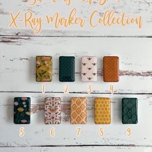 Könnte beinhalten: Eine Sammlung von neun rechteckigen Röntgenmarkern mit verschiedenen Mustern und Farben, darunter Blumen-, geometrische und Bienenmotive. Der Text "Sweet as can Bee! X-Ray Marker Collection" ist oben abgebildet.