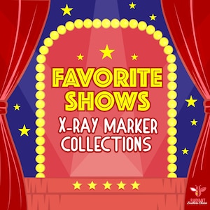 May include: A graphic illustration featuring red stage curtains framing a central archway outlined with yellow lights. The text FAVORITE SHOWS appears in yellow, with X-RAY MARKER COLLECTIONS in white below. Yellow stars decorate the blue background.