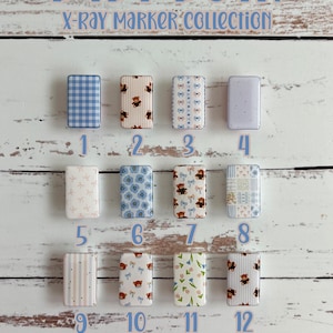 Puede incluir: Colección de doce marcadores de rayos X rectangulares con varios patrones, incluyendo cuadros, ositos de peluche, flores y rayas. El texto "Baby Bear" y "X-Ray Marker Collection" se muestra en azul. También es visible el texto "Add Pixie Glitter".
