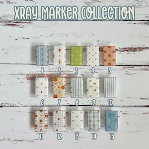 May include: A collection of fifteen rectangular X-ray markers arranged in three rows of five, each featuring distinct patterns including pumpkins, bows, flowers, stripes, and plaid in various colors. The text reads Coquette Pumpkin Patch Xray Marker Collection.