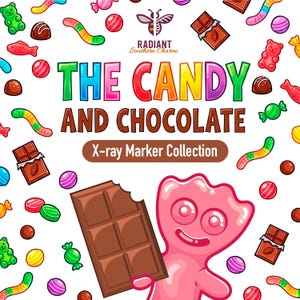 May include: A colorful illustration featuring candies and chocolate. The text reads "THE CANDY AND CHOCOLATE" and "X-ray Marker Collection". Various candies, including gummy bears, worms, and chocolate bars, are scattered around a pink character holding a chocolate bar.