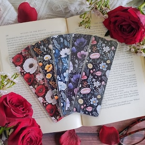 DARK ROMANTIC FLOWERS Bookmark Collection | Floral Double-Sided Laminated Bookmarks with Optional Tassel