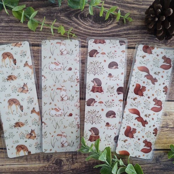 COTTAGECORE WOODLAND ANIMALS Bookmark Collection | Hedgehog, Squirrel, Deer, Rabbit Double-Sided Laminated Bookmarks